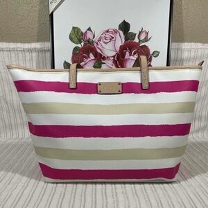 Kate Spade Pink Cream Striped Leather Accents Large Tote - New without tags